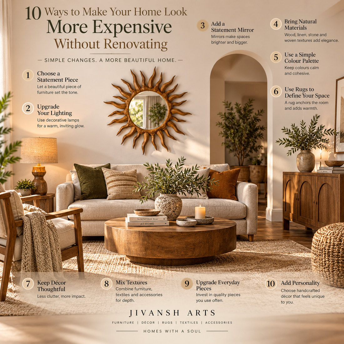 10 ways to make your home look more expensive with elegant furniture, wooden décor, statement mirror, lighting and rugs by Jivansh Arts