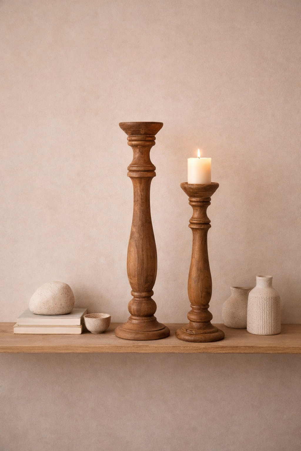 Heritage Turned Wood Candle Stand Set