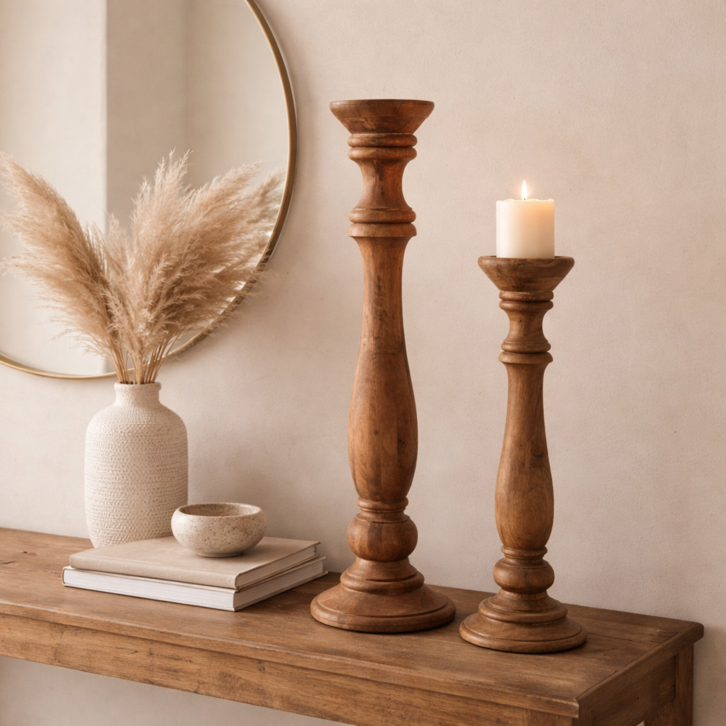 Heritage Turned Wood Candle Stand Set