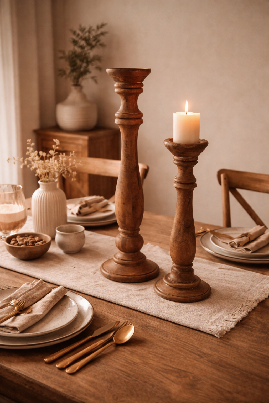 Heritage Turned Wood Candle Stand Set