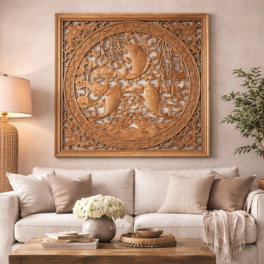 Koi Harmony Hand-Carved Wall Panel