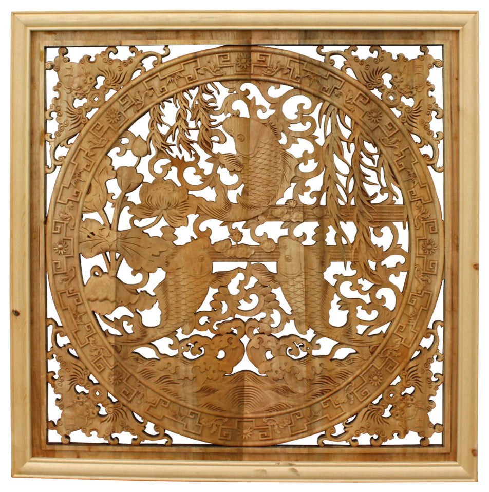Koi Harmony Hand-Carved Wall Panel