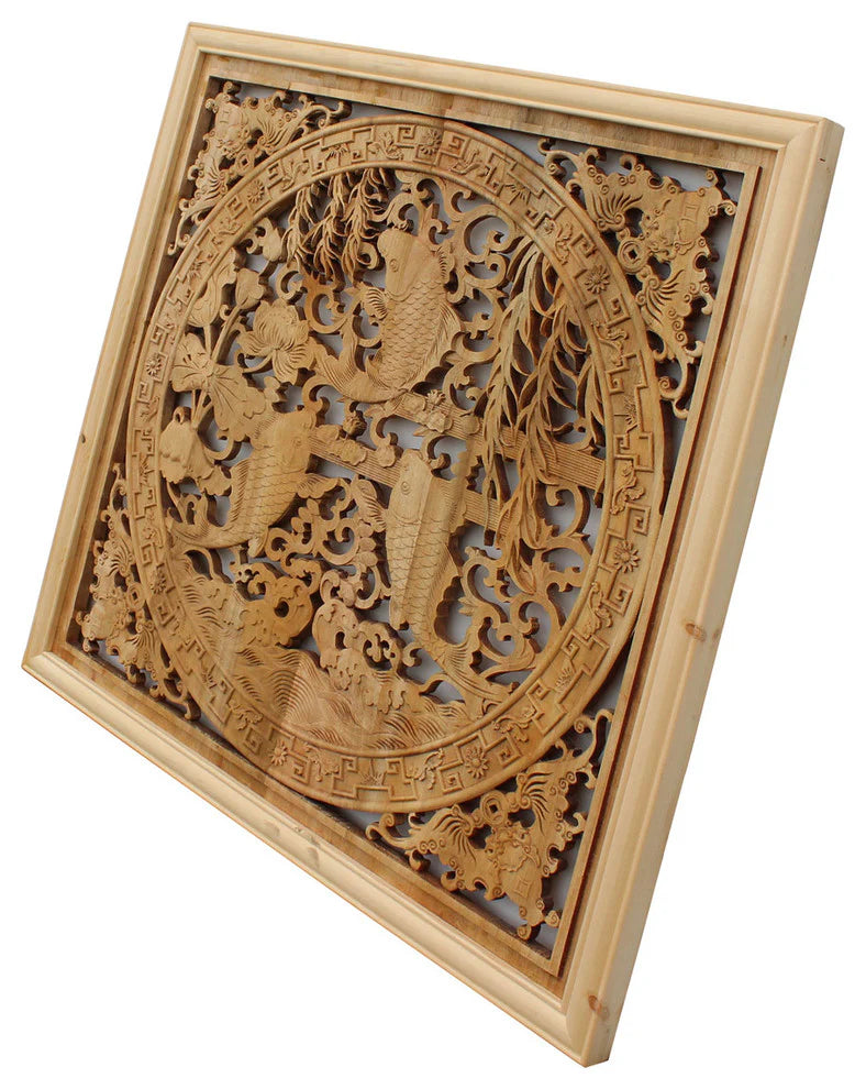 Koi Harmony Hand-Carved Wall Panel