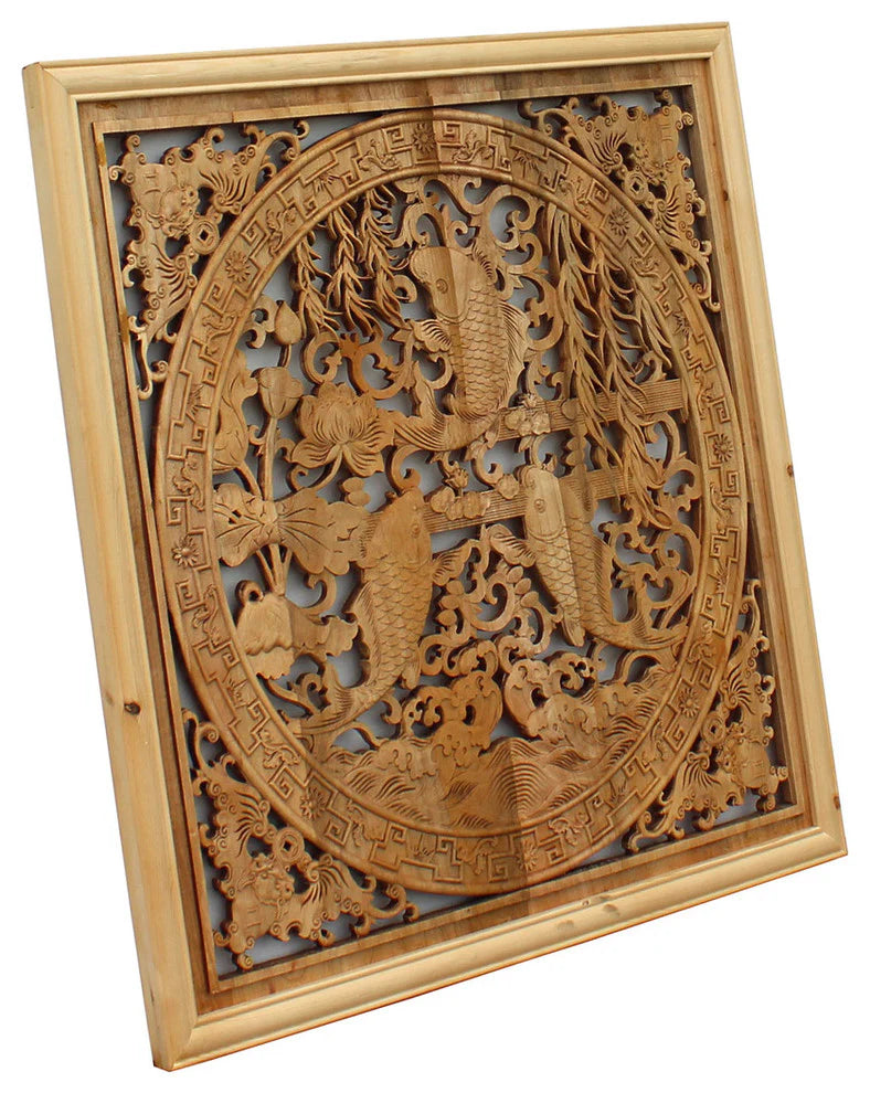 Koi Harmony Hand-Carved Wall Panel