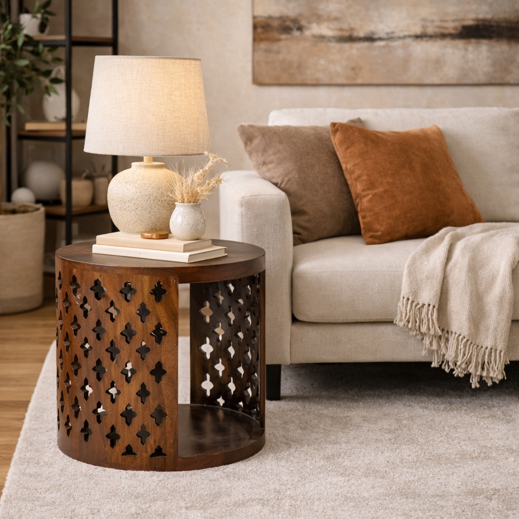 Zahara Carved Wood Accent Side Table