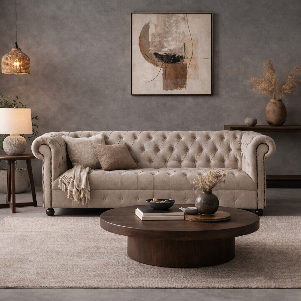 Beige Luxe Chesterfield velvet sofa with elegant rolled arms and tufted backrest.