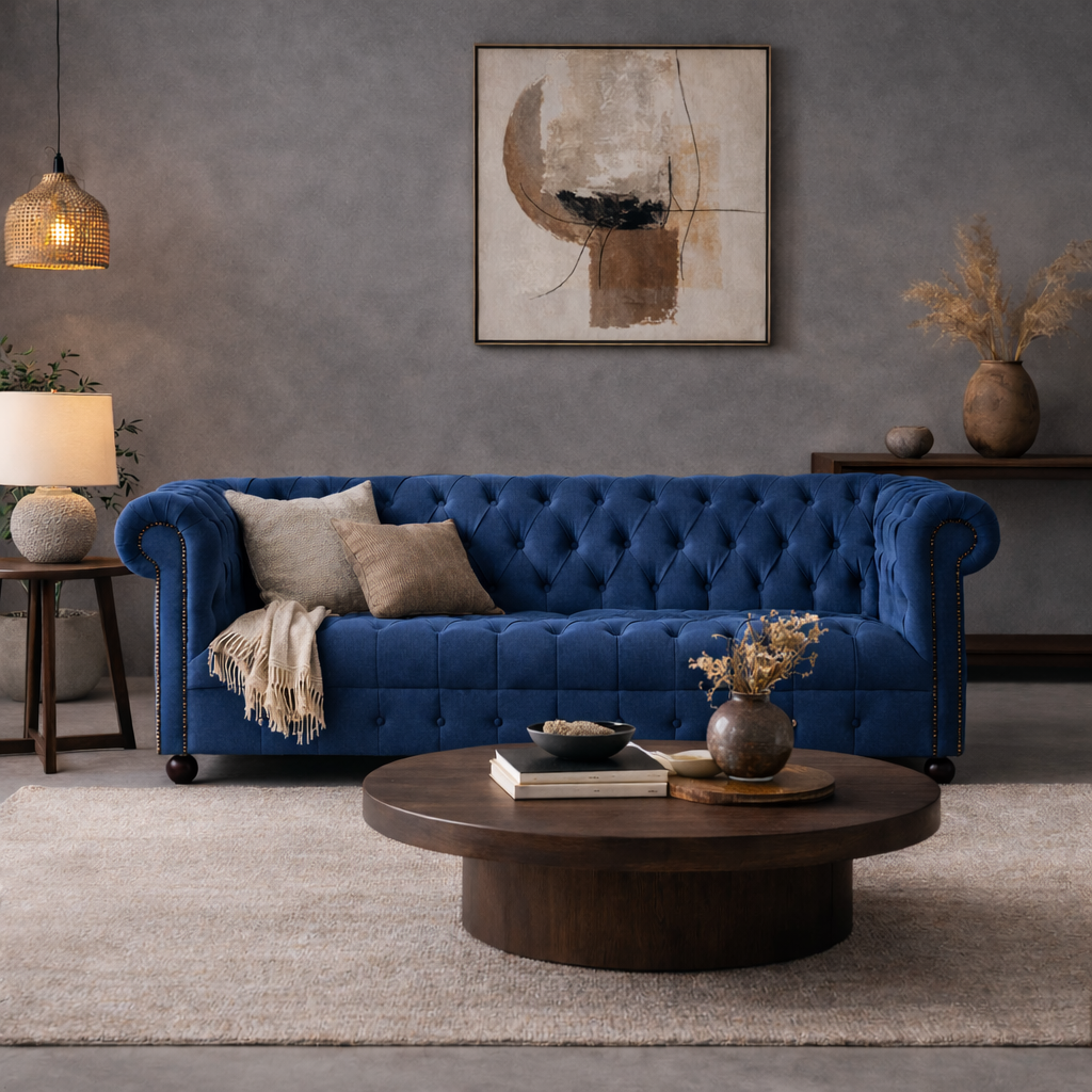 Blue Luxe Chesterfield velvet sofa in premium velvet upholstery.
