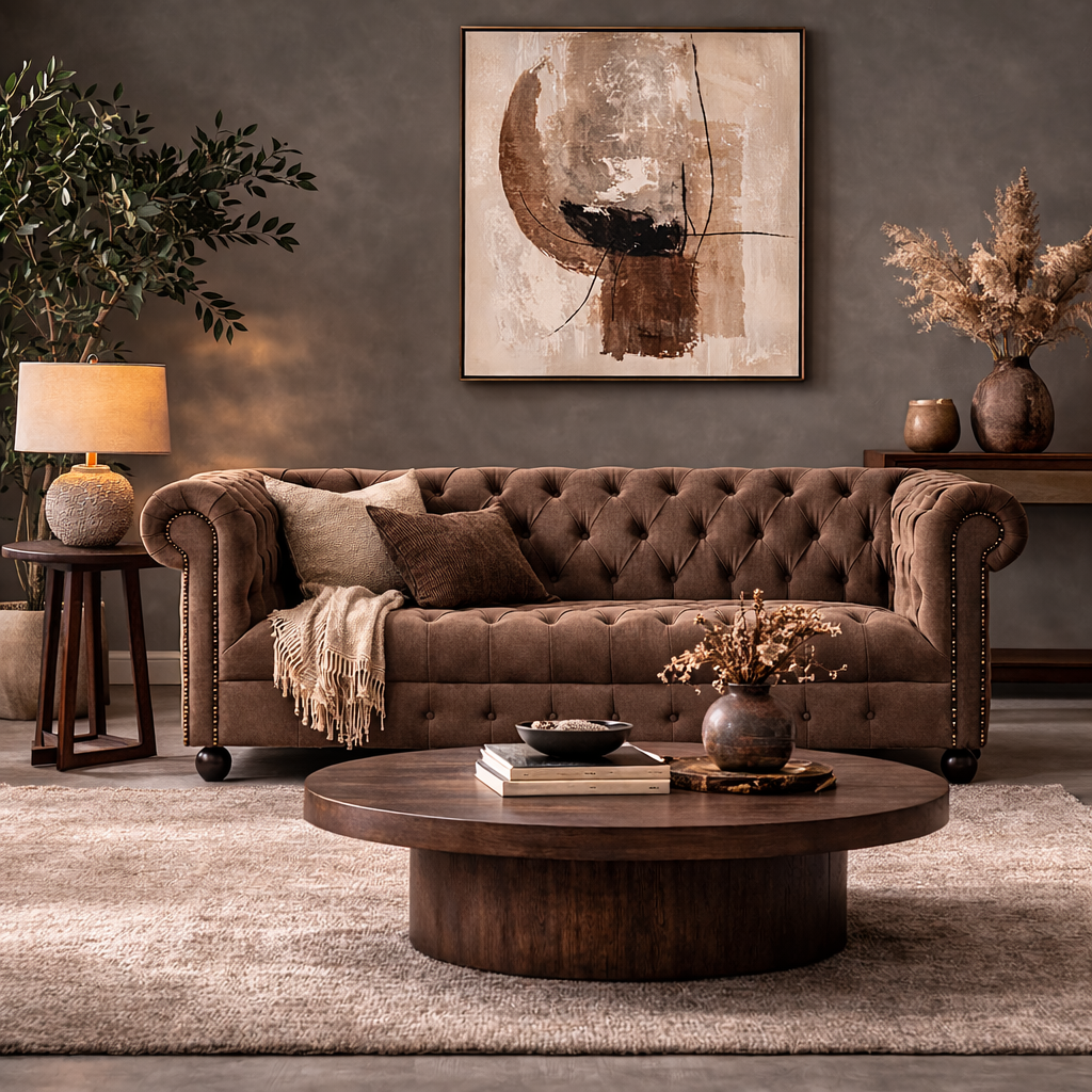 Cozy living room with brown tufted sofa, round wooden coffee table, and abstract art on the wall.
