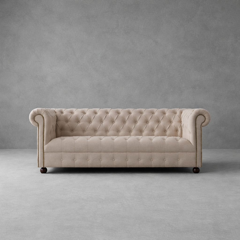Front view of Luxe Chesterfield velvet sofa featuring classic deep button tufting.