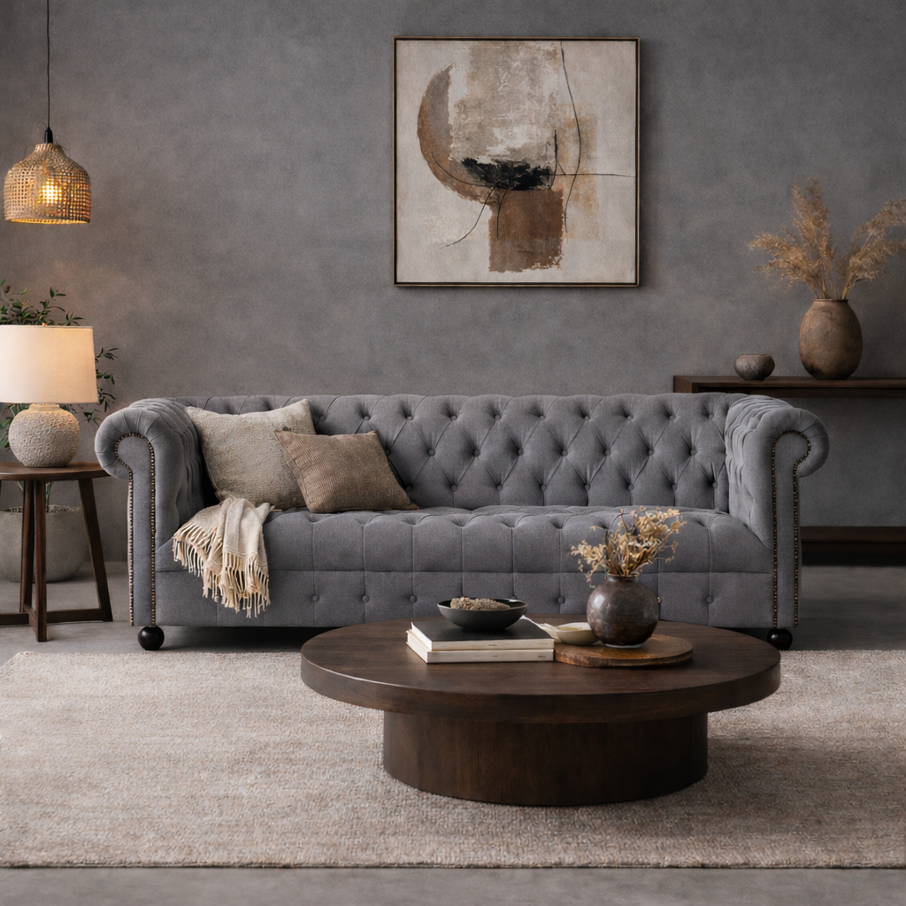 Premium velvet seat cushions of the Luxe Chesterfield sofa with plush comfort.