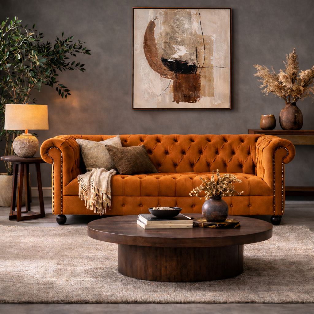 Luxe Chesterfield velvet sofa styled in a contemporary luxury living room.