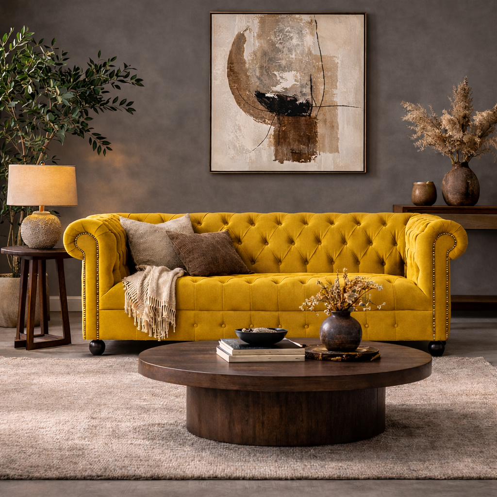 Luxe Chesterfield velvet sofa with classic button tufting and rolled arms.