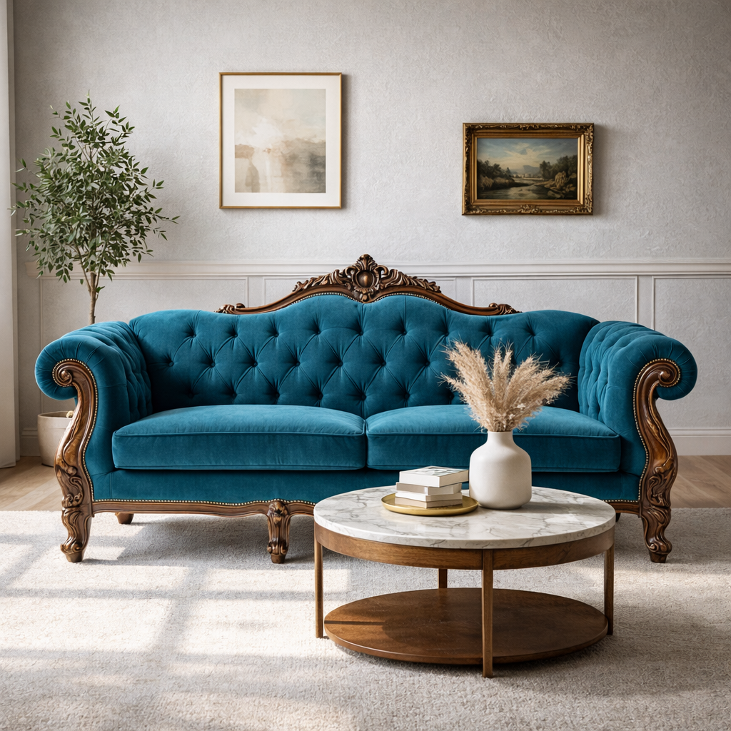 Versailles Heritage Carved Sofa with teal velvet upholstery, hand-carved solid wood frame, and deep button tufting in a luxury living room.